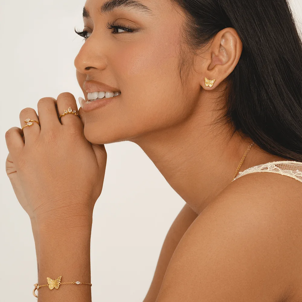 Women's gold butterfly earrings, transformation jewellery gift, hypoallergenic stud earrings