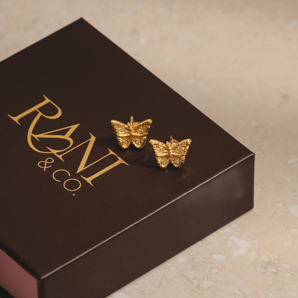 Gold butterfly stud earrings front and back view, CZ stones, recycled brass, hypoallergenic