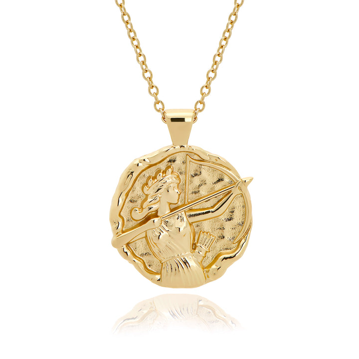greek goddess artemis gold coin pendant necklace with organic hammered molten texture, Rani & Co. women's jewellery uk