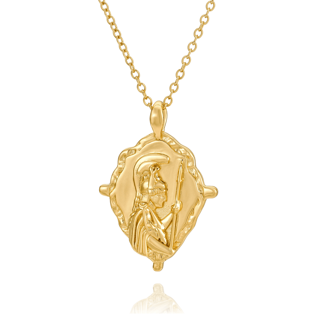 18k gold plated Athena necklace, Greek goddess pendant with warrior detail, mythological gold jewellery, statement necklace for women.