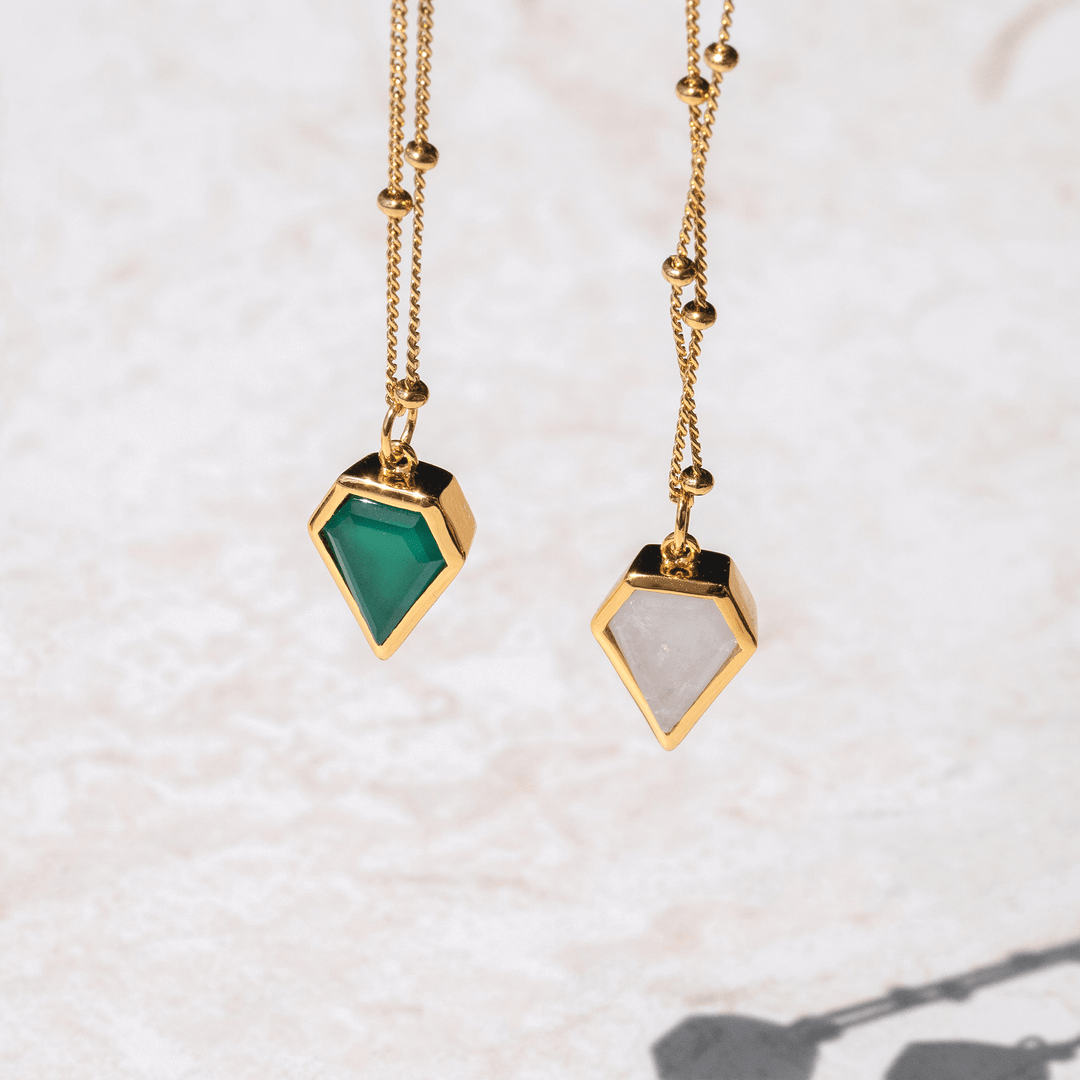 18k gold plated necklace featuring natural rainbow moonstone and green onyx pendant by Rani and Co womens jewellery