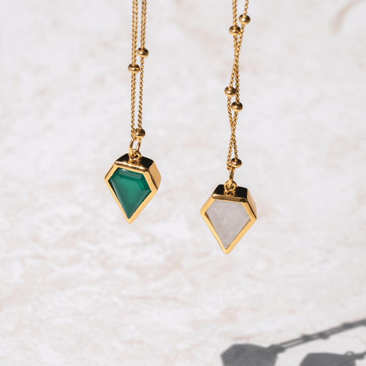 18k gold plated necklace featuring natural rainbow moonstone and green onyx pendant by Rani and Co womens jewellery