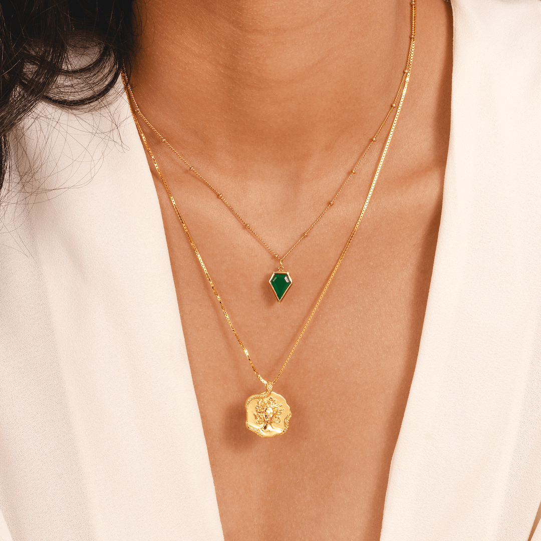 18k gold plated necklace featuring natural green onyx pendant by Rani and Co womens jewellery