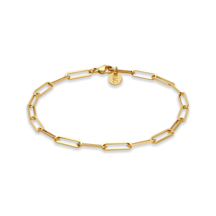 Elegant gold chain bracelet with a modern link design designed for charm bracelet by Rani and Co womens jewellery