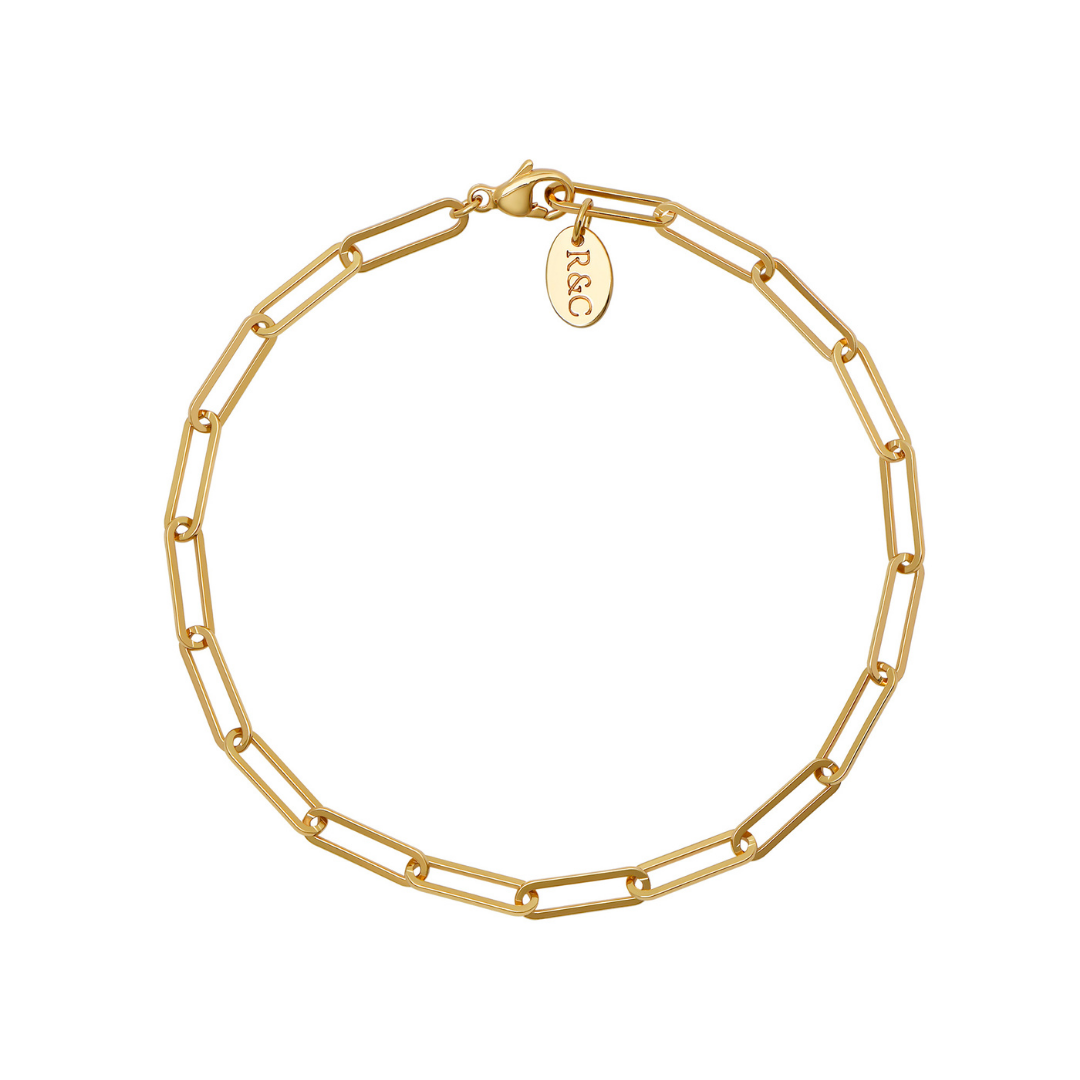 Elegant gold chain bracelet with a modern link design designed for charm bracelet by Rani and Co womens jewellery