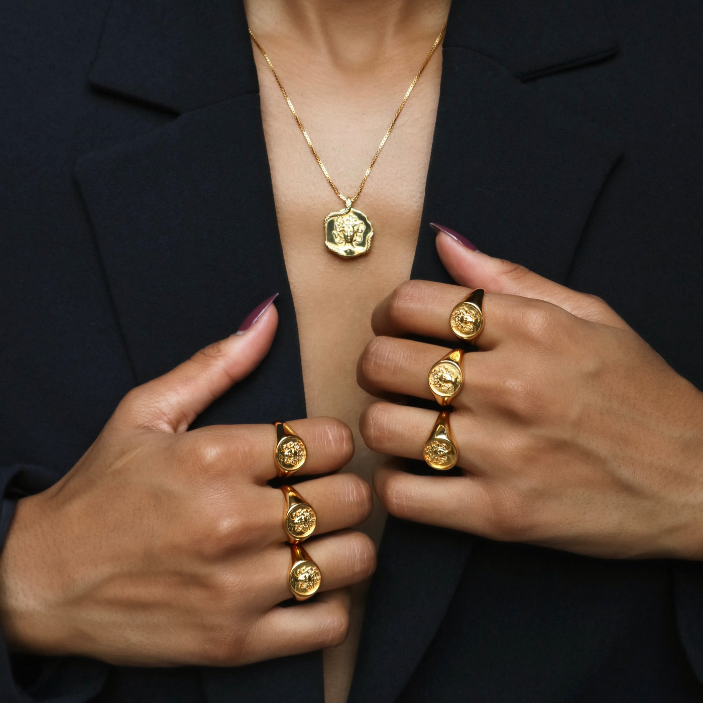medusa gold signet rings and medusa gold necklace, Rani and Co jewellery