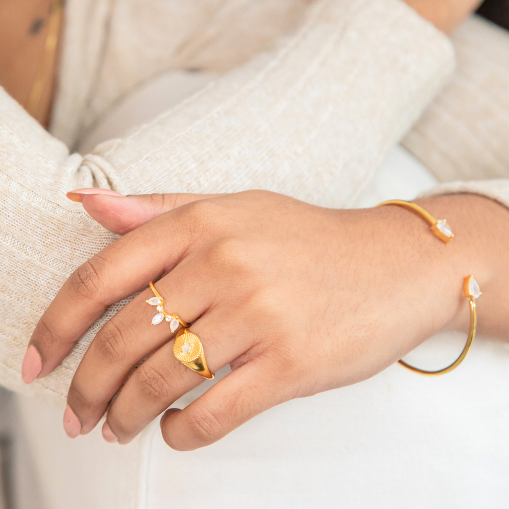 Moonstone crown ring with cubic zirconia stones – 18k gold plated ring womens gold jewellery by Rani and Co