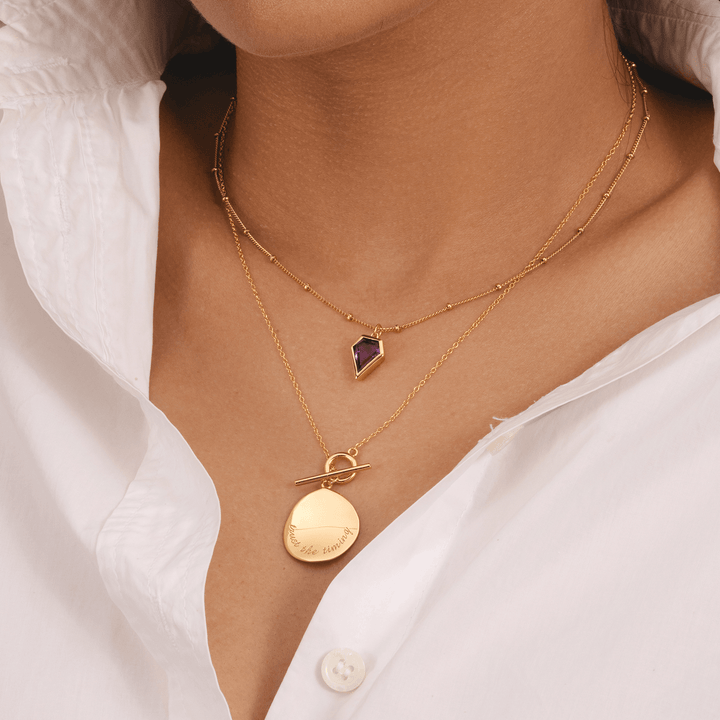 18k gold plated coin necklace with toggle clasp, “trust the timing” engraved pendant, minimalist gold jewellery