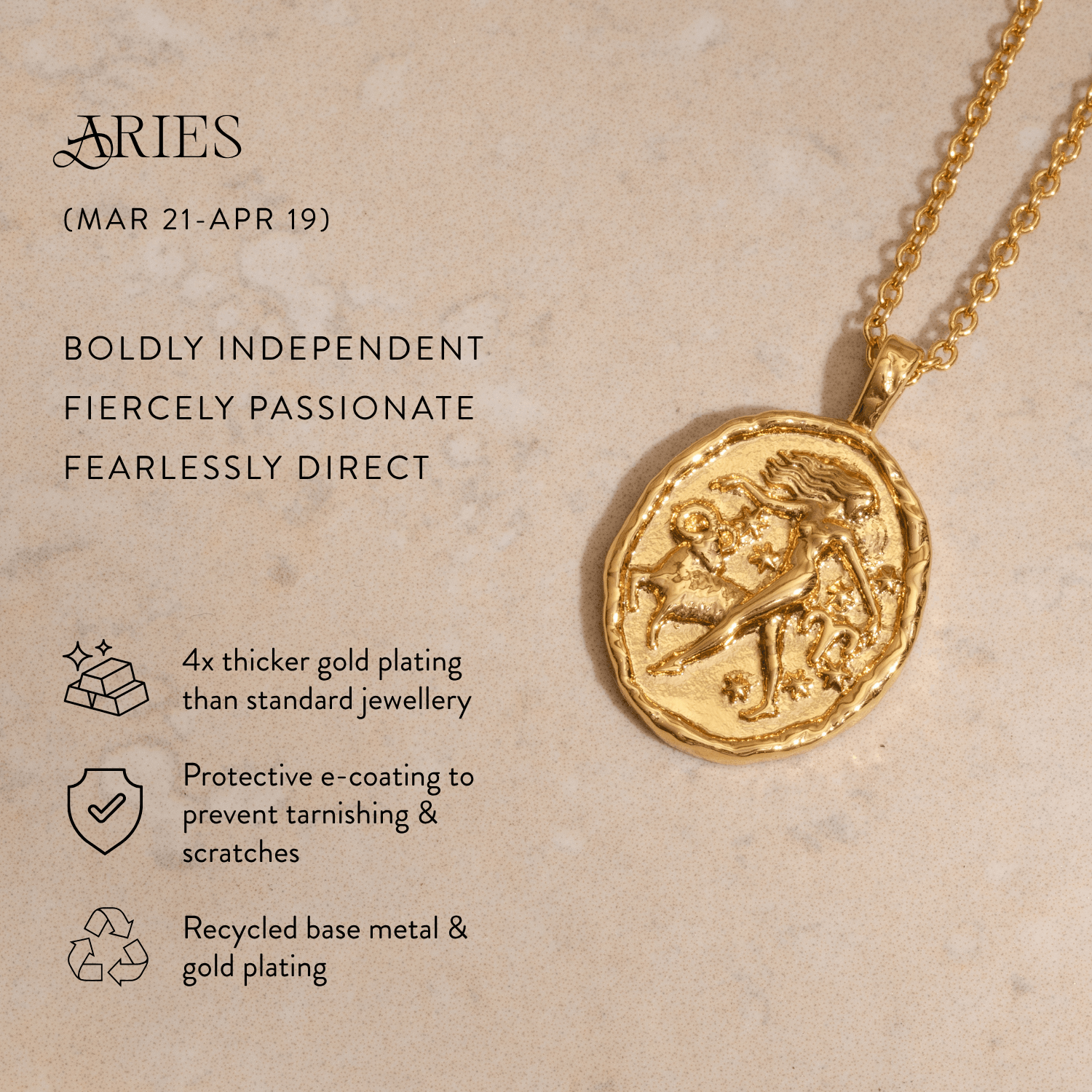 Rani & Co. Aries zodiac 18k gold plated coin pendant necklace, embossed woman ram and stars on cable chain