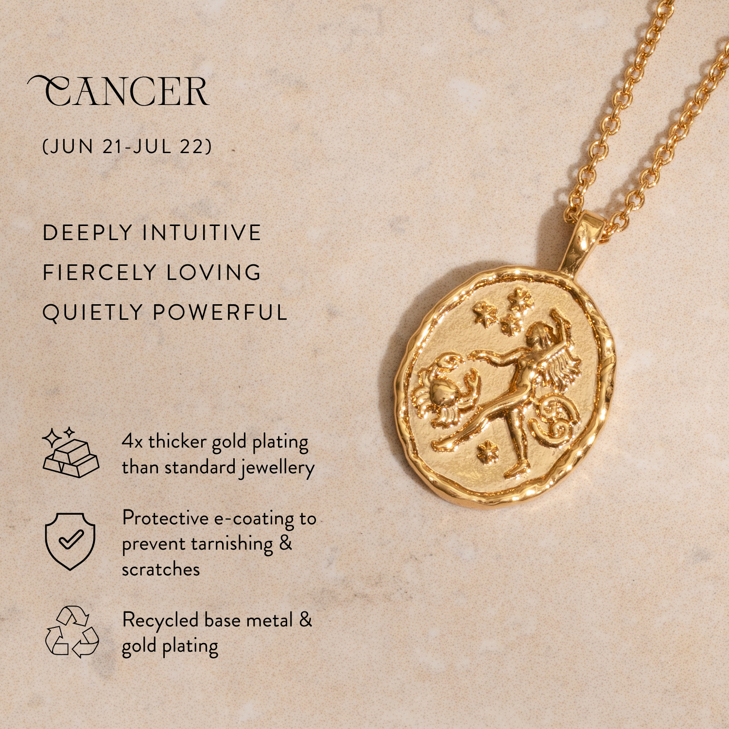 Gold Cancer zodiac hammered coin necklace with crab symbol and constellation stars astrology pendant jewellery for Cancer horoscope