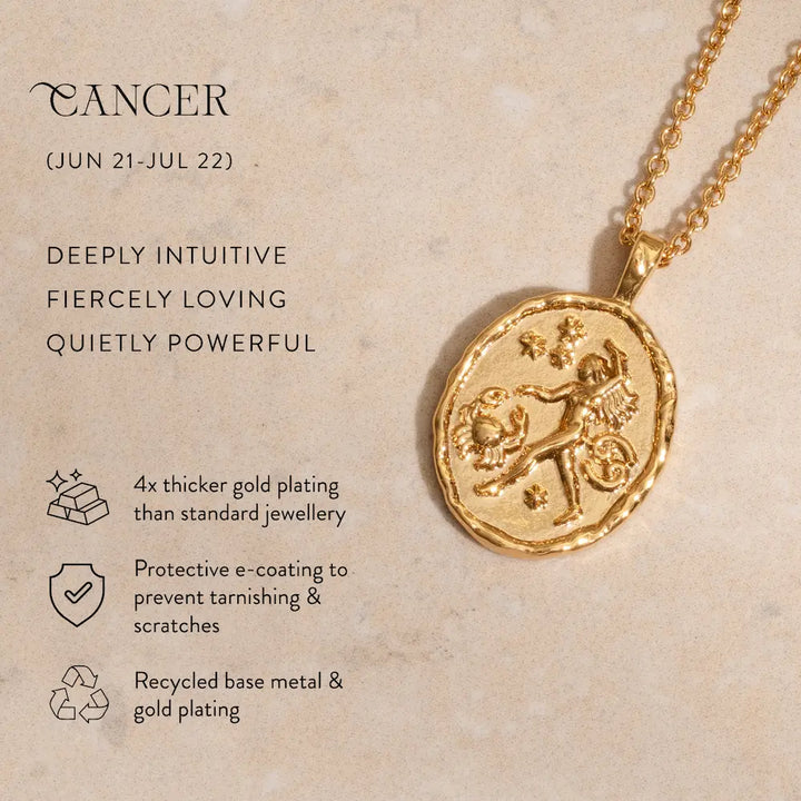 Gold Cancer zodiac hammered coin necklace with crab symbol and constellation stars astrology pendant jewellery for Cancer horoscope