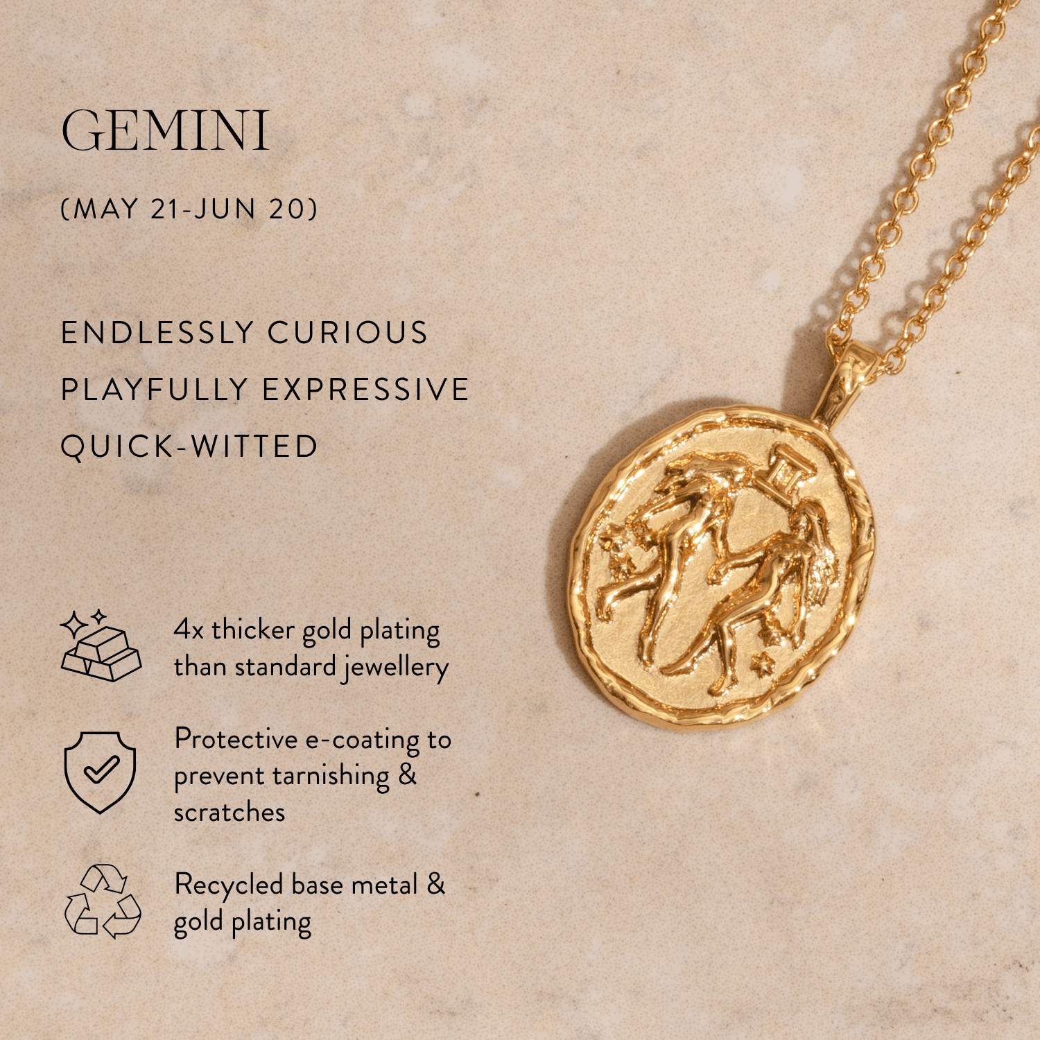 Gemini star sign coin necklace in gold with twin zodiac symbol and star constellation coin pendant astrology jewellery
