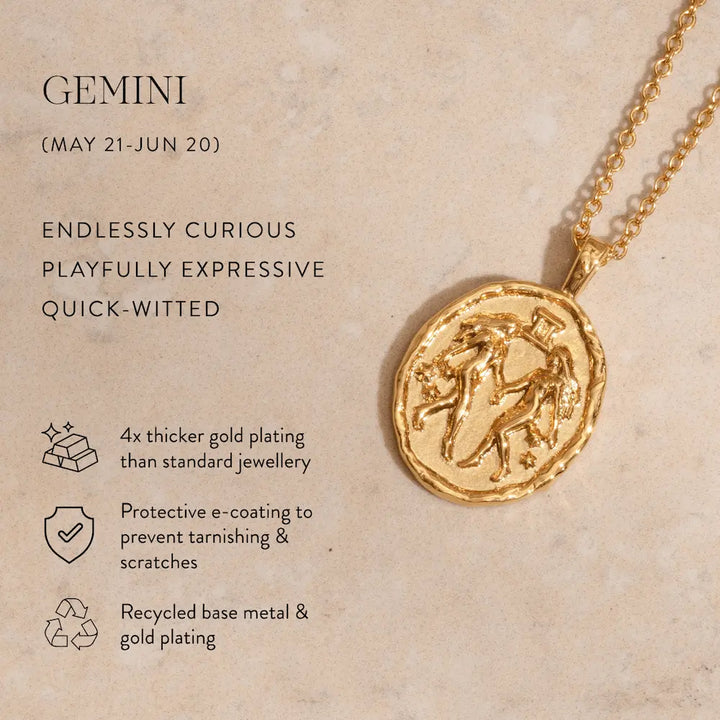 Gemini star sign coin necklace in gold with twin zodiac symbol and star constellation coin pendant astrology jewellery