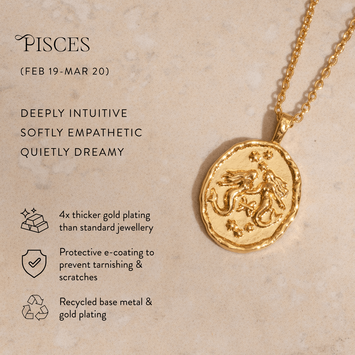 Rani & Co. Pisces horoscope coin necklace gold plated, mermaid celestial star sign jewellery