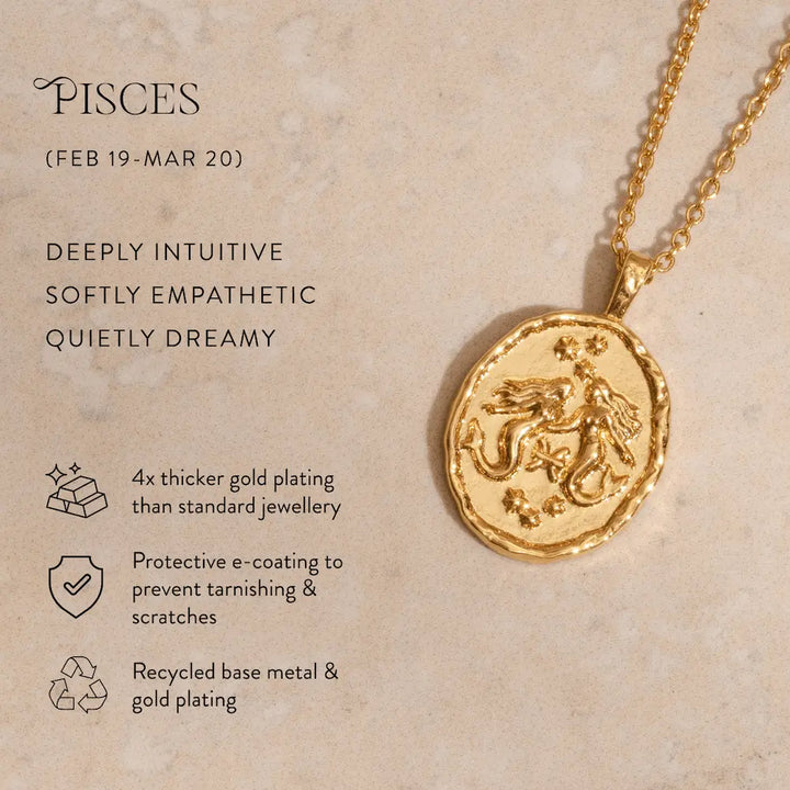 Rani & Co. Pisces horoscope coin necklace gold plated, mermaid celestial star sign jewellery