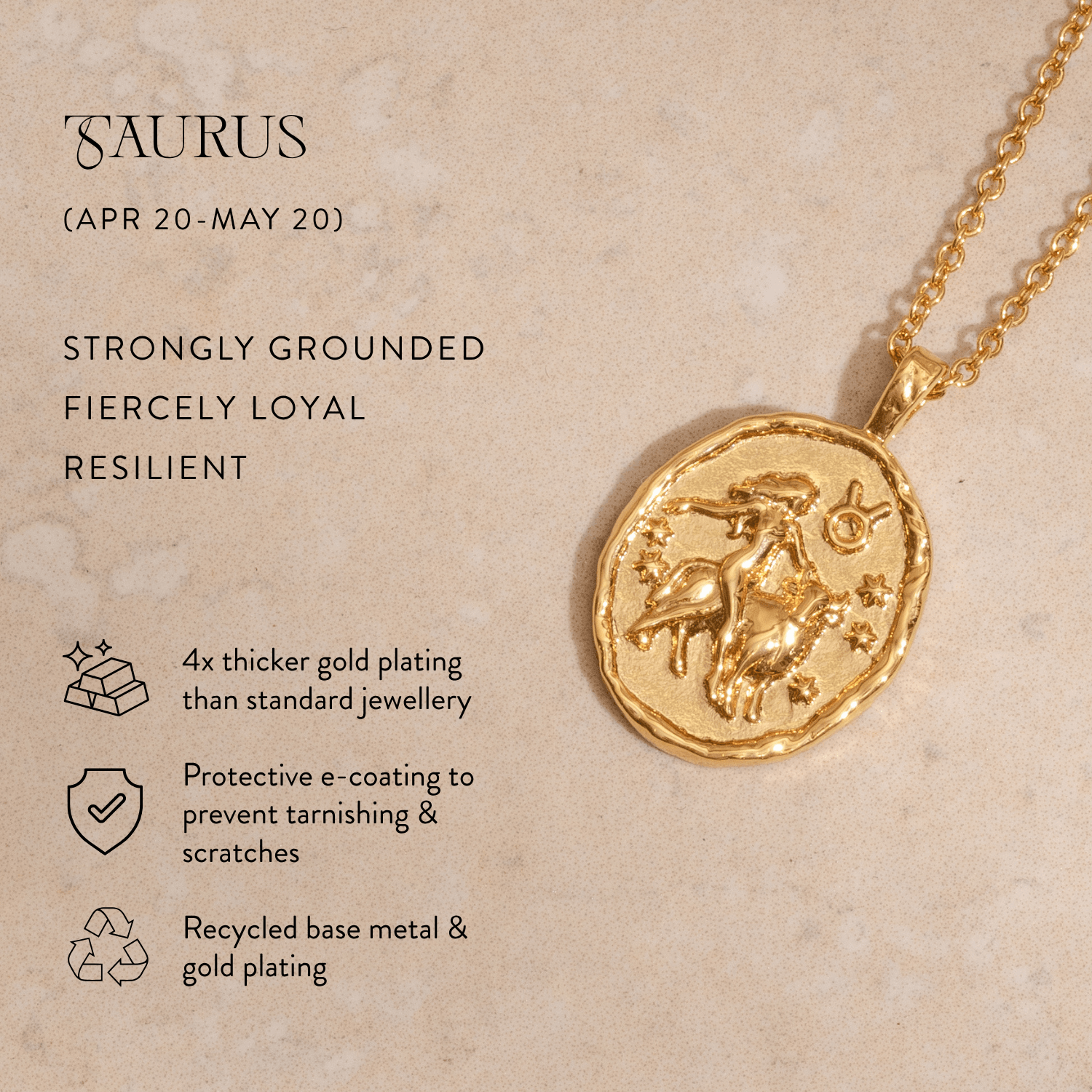 Rani & Co. Taurus horoscope coin necklace gold plated, celestial star sign jewellery for women