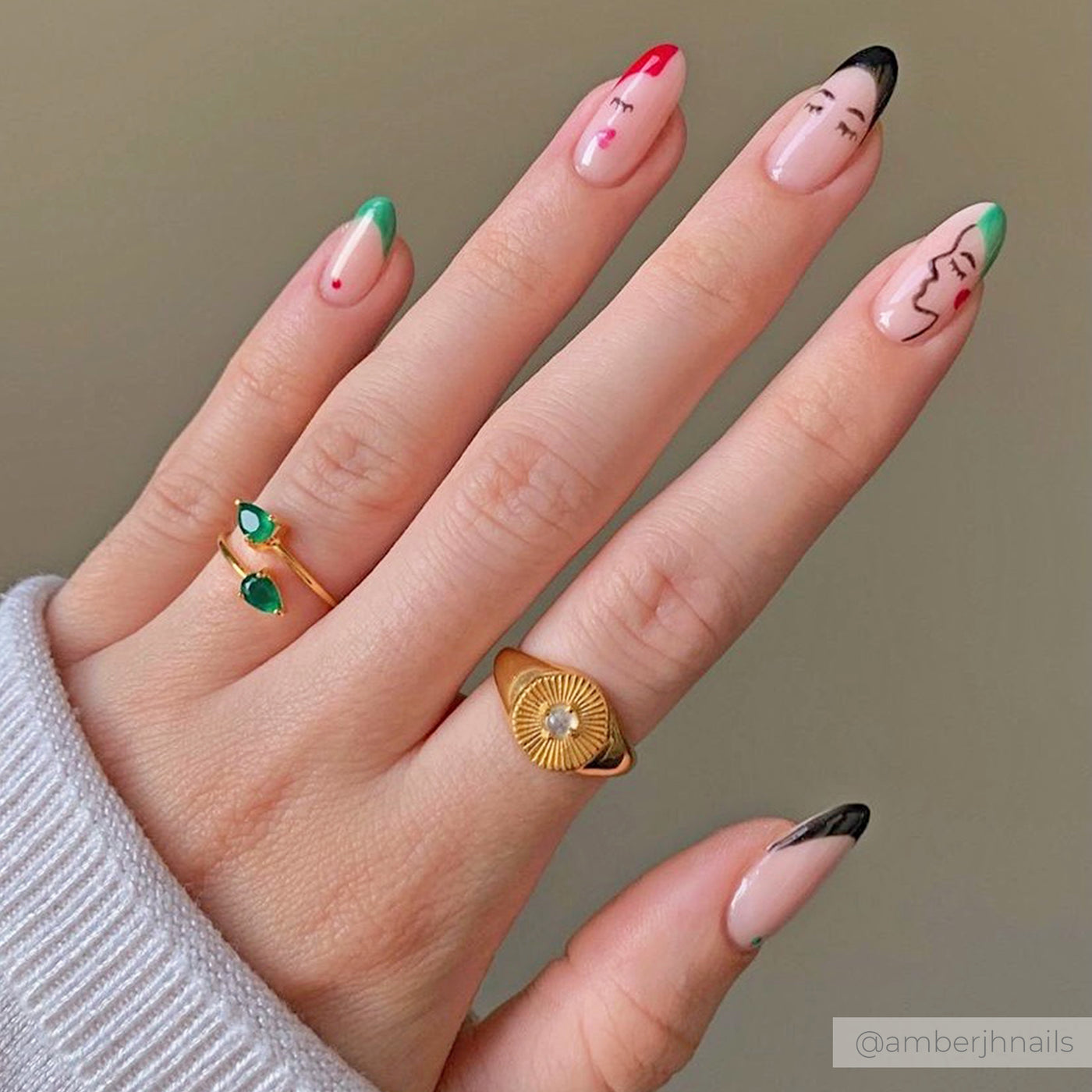Amber JH nail art with gemstone gold stacking rings, Rani & Co.