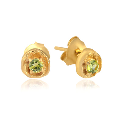 August peridot birthstone organic gold stud earrings, Rani & Co. jewellery uk