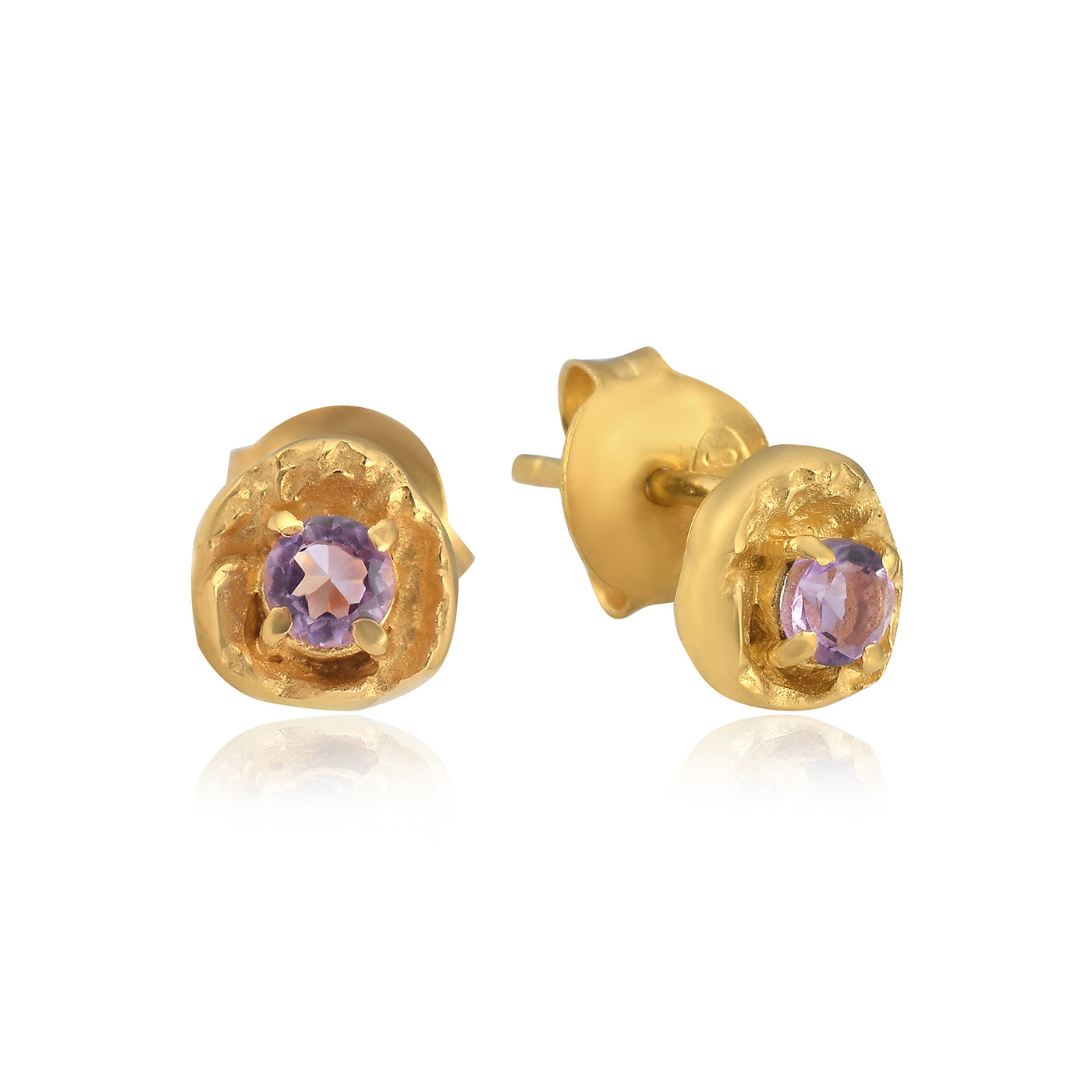 February amethyst birthstone organic gold stud earrings, Rani & Co. jewellery