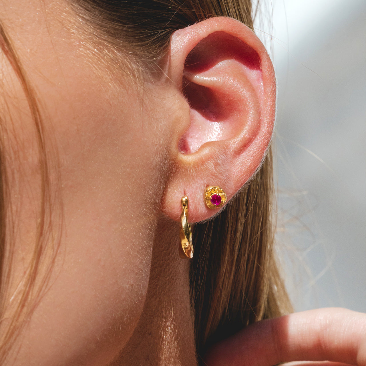 July ruby birthstone gold stud earrings, Rani & Co.