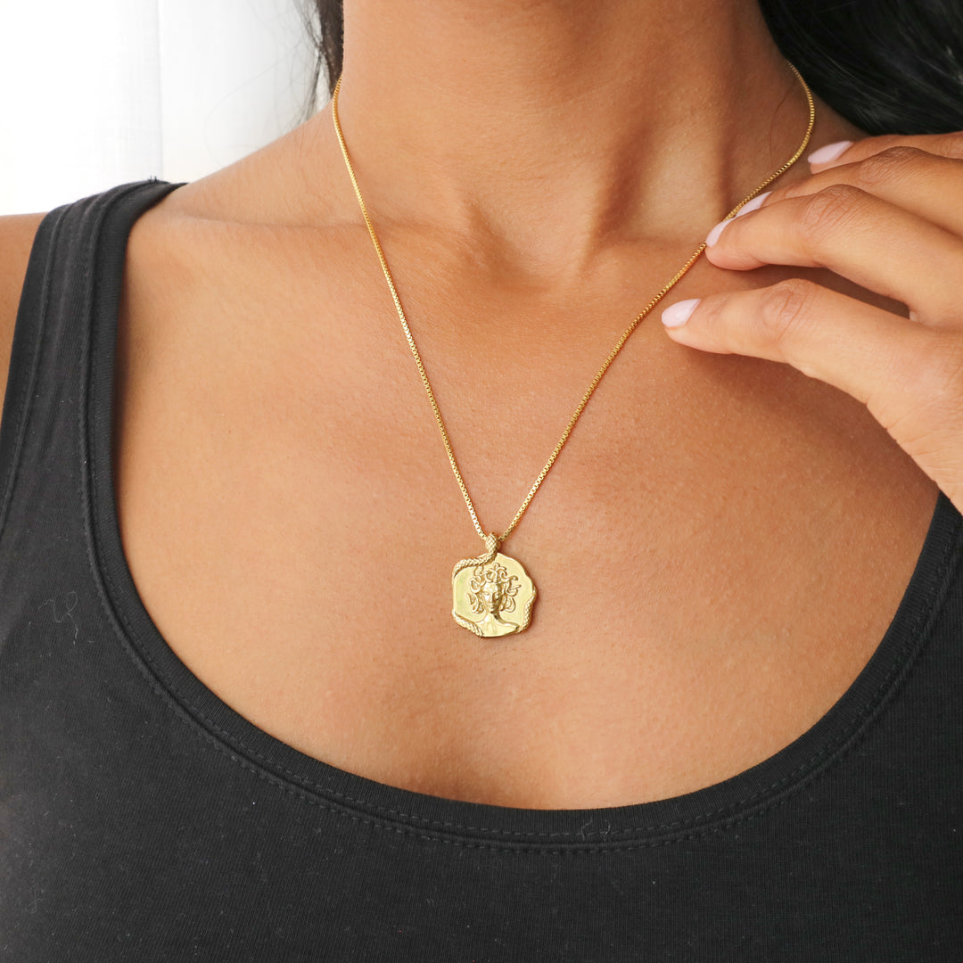 Medusa necklace featuring a gold pendant design inspired by the Greek goddess crafted for women by Rani and Co