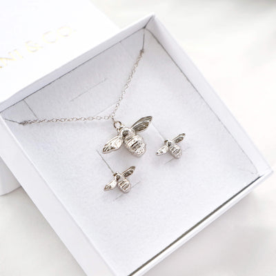 silver bumble bee necklace and earrings set, Rani & Co. jewellery