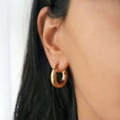 Small thick chunky gold hoop earrings, waterproof jewellery, Rani & Co.