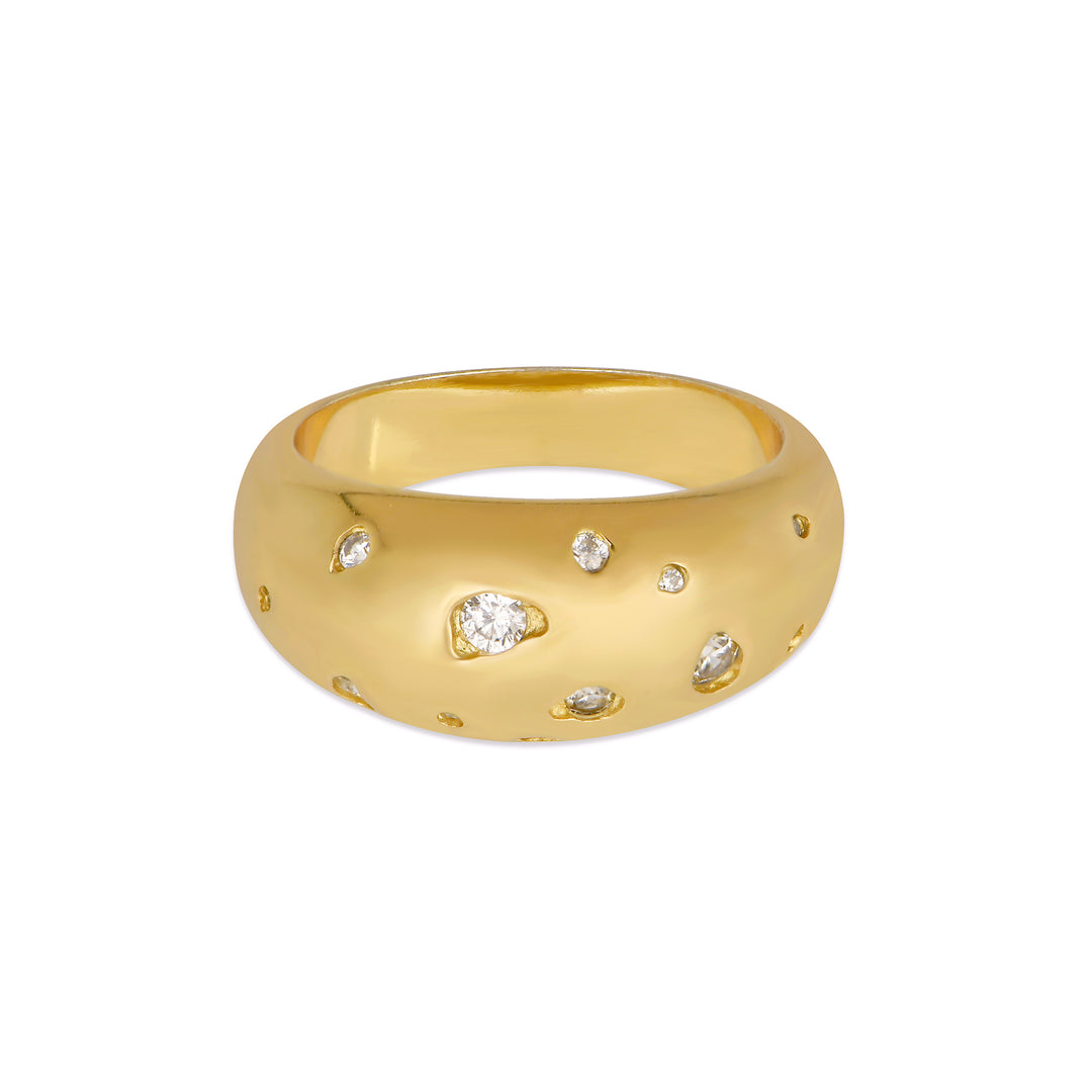 Womens jewellery by Rani and Co showcasing a bold gold ring with cubic zirconia in a dome design