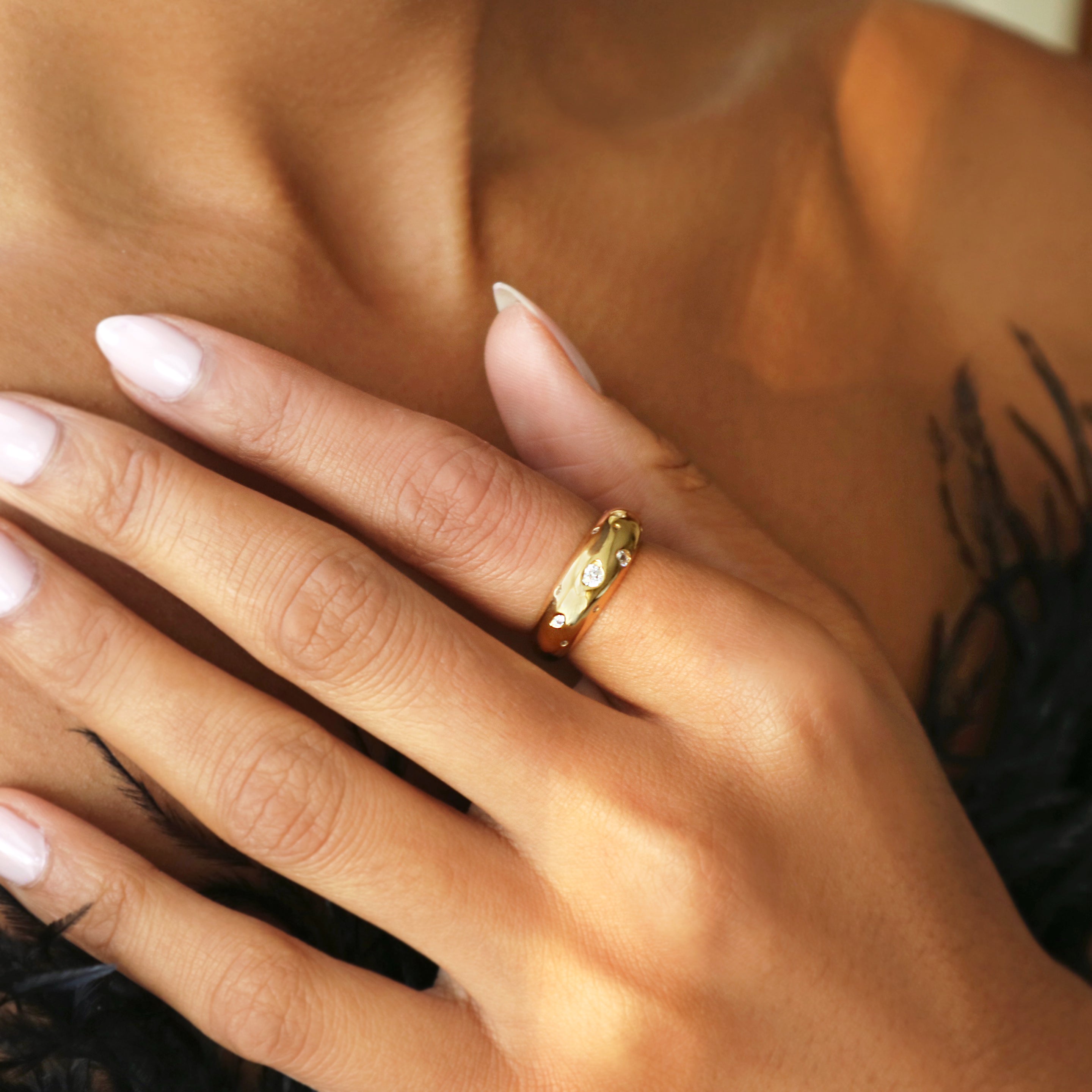 Sparkle dome ring crafted in gold vermeil featuring cubic zirconia details by Rani and Co