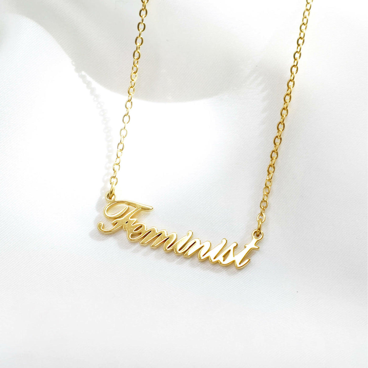 Feminist Script gold pendant necklace-Rani & Co. jewellery
