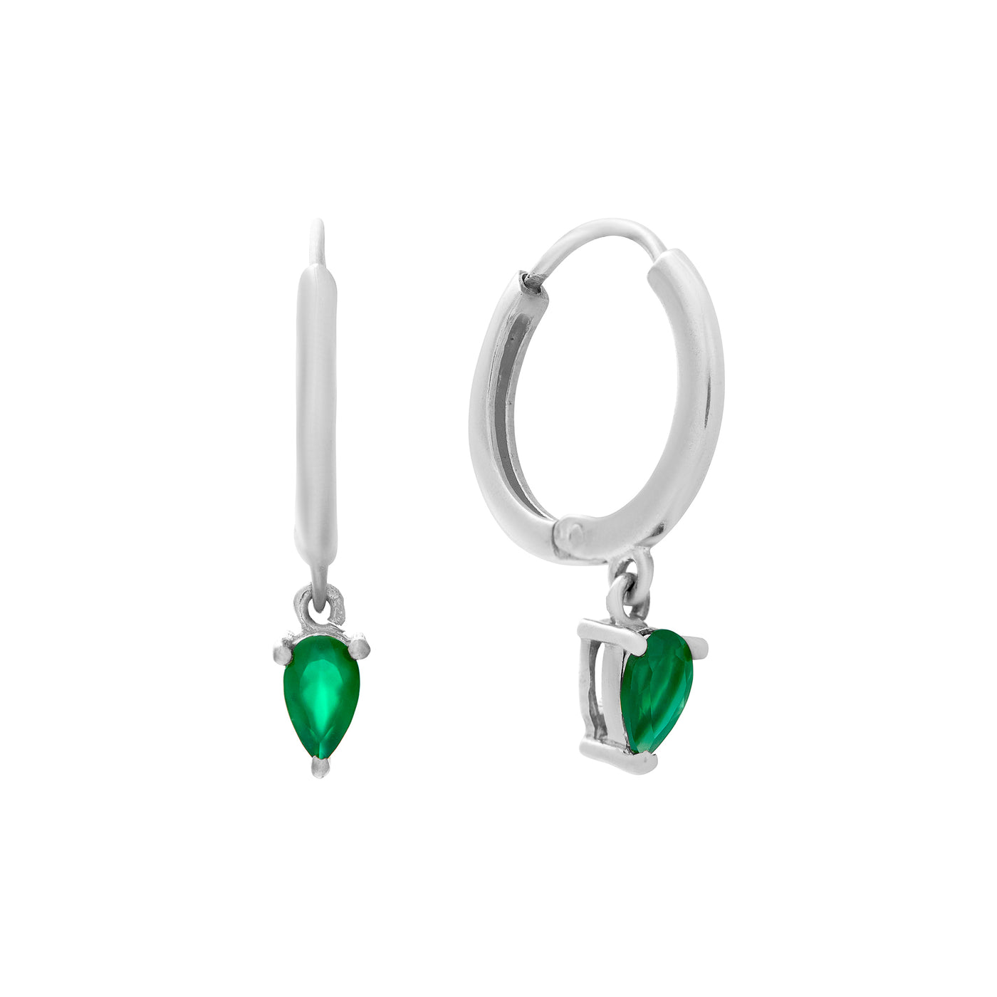 Green Onyx Charm Hoop Earrings (Silver)
