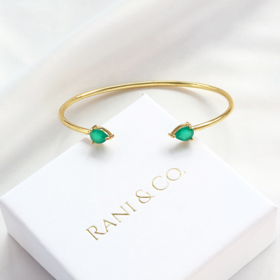 green onyx gemstone gold bangle bracelet with white jewellery box-Rani & Co. 