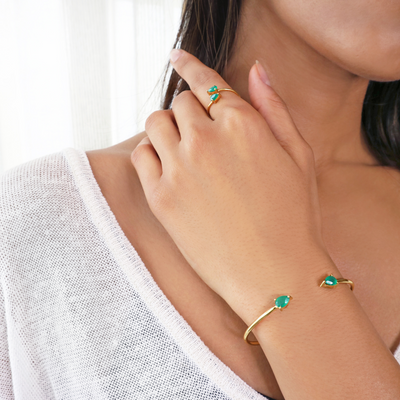 green onyx gemstone gold bangle bracelet & green onyx ring-Rani & Co.