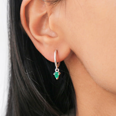 Green Onyx Charm Hoop Earrings (Silver)