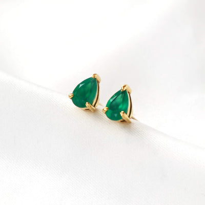 Green Onyx Teardrop Stud Earrings (Gold)