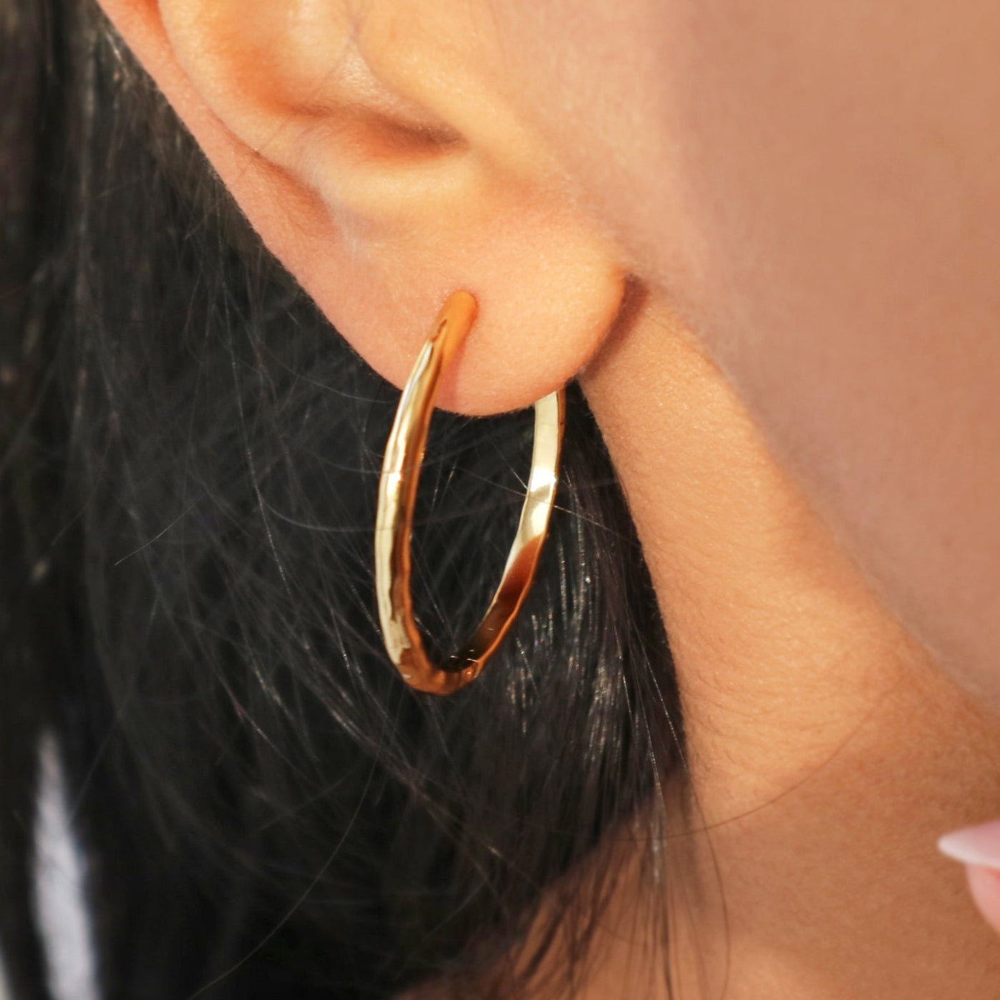 slightly hammered organic large gold hoop earrings, Rani & Co. jewellery