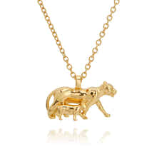 Gold chain necklace with lioness and cub pendant symbolising strength by Rani and Co womens jewellery
