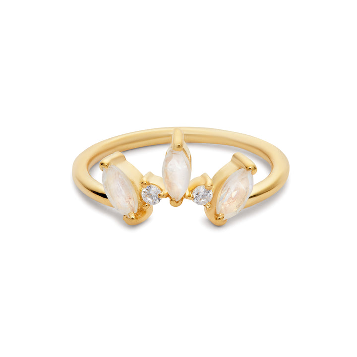 Gold ring with a crown setting of 3 marquise rainbow moonstones.
