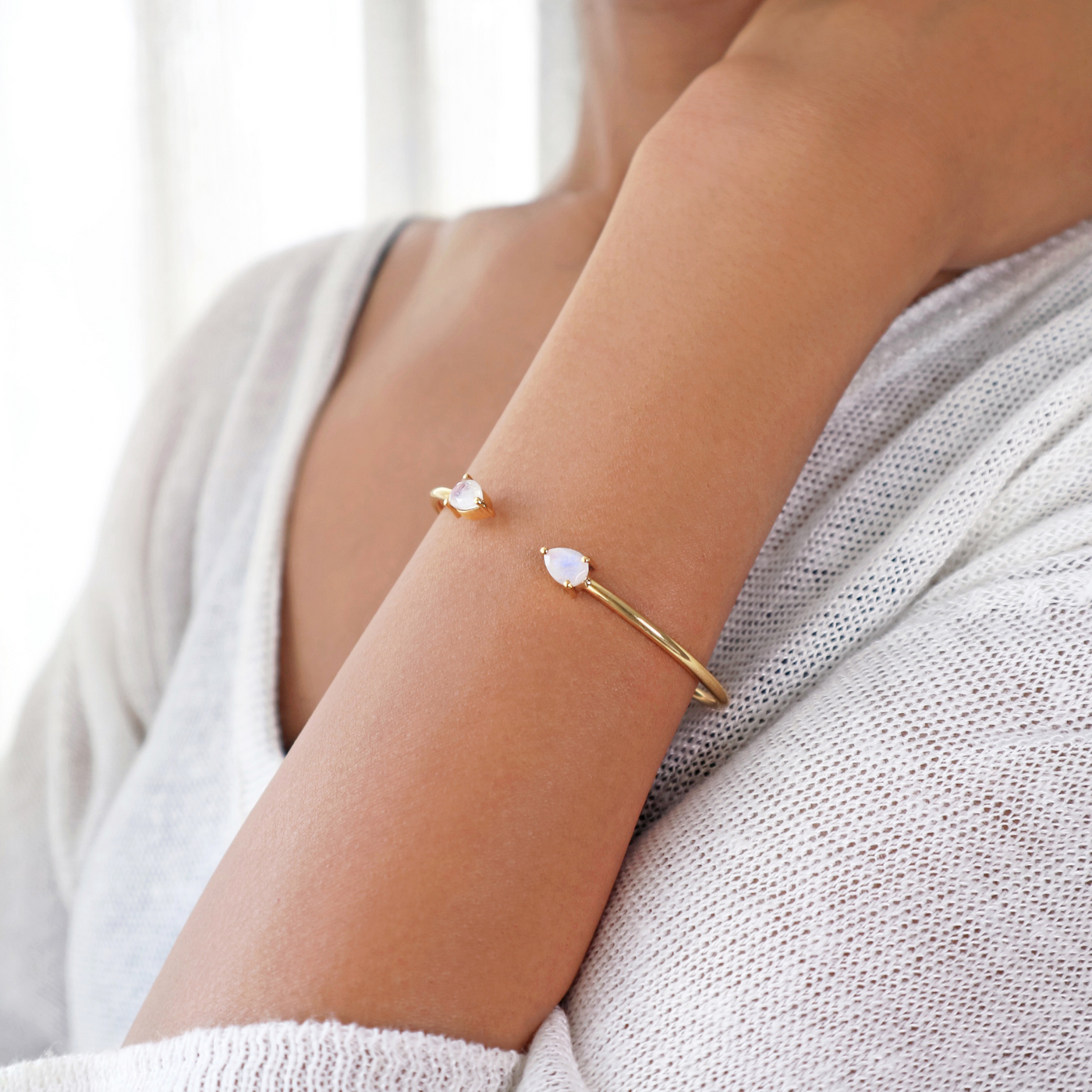 Gold cuff bracelet bangle for women with 2 pear-shape rainbow moonstone gems-Rani & Co.
