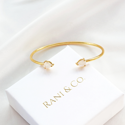 Gold cuff bracelet bangle for women with 2 pear-shape moonstone gems-Rani & Co. jewellery