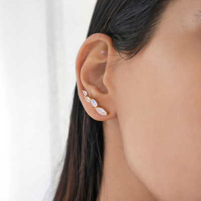 Statement Moonstone gold climber crawler earrings-Rani & Co. jewellery uk