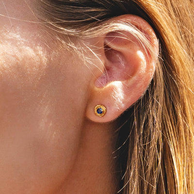 September sapphire birthstone gold stud earrings, Rani & Co. jewellery uk