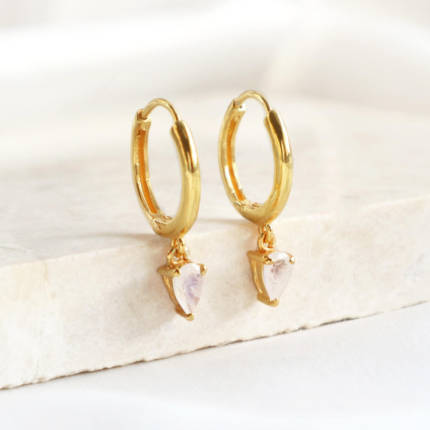 Moonstone Charm Hoop Earrings (Gold)