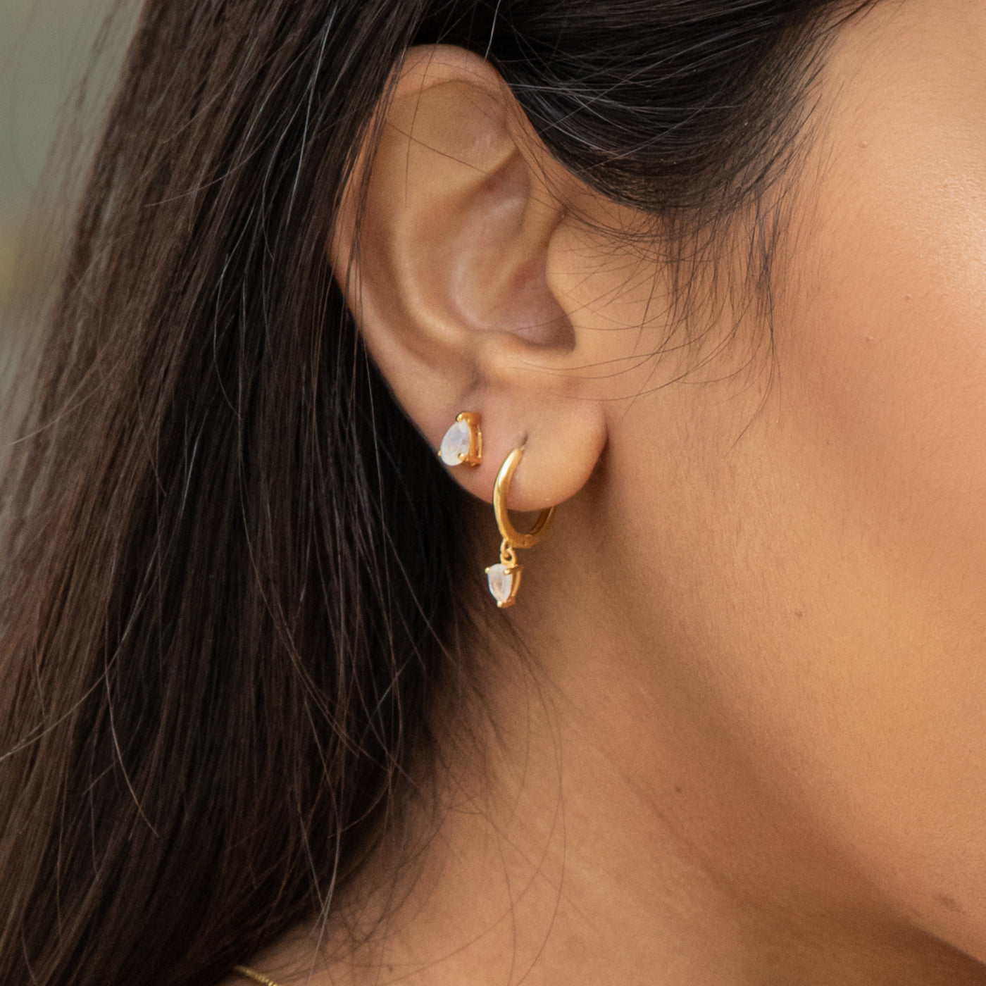 Moonstone Charm Hoop Earrings (Gold)