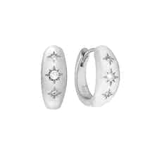 Thick silver hoop earrings featuring starburst design and sparkling cubic zirconia by Rani and Co silver womens jewellery