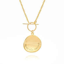 Gold pendant necklace engraved with Trust the timing a meaningful jewellery piece by Rani and Co for women
